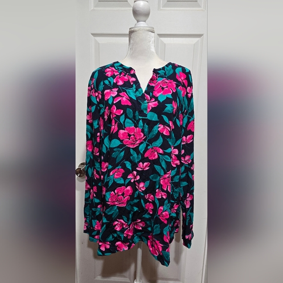 Talbots Navy Blue Floral Pink and Green Women's Top Blouse - Picture 4 of 11